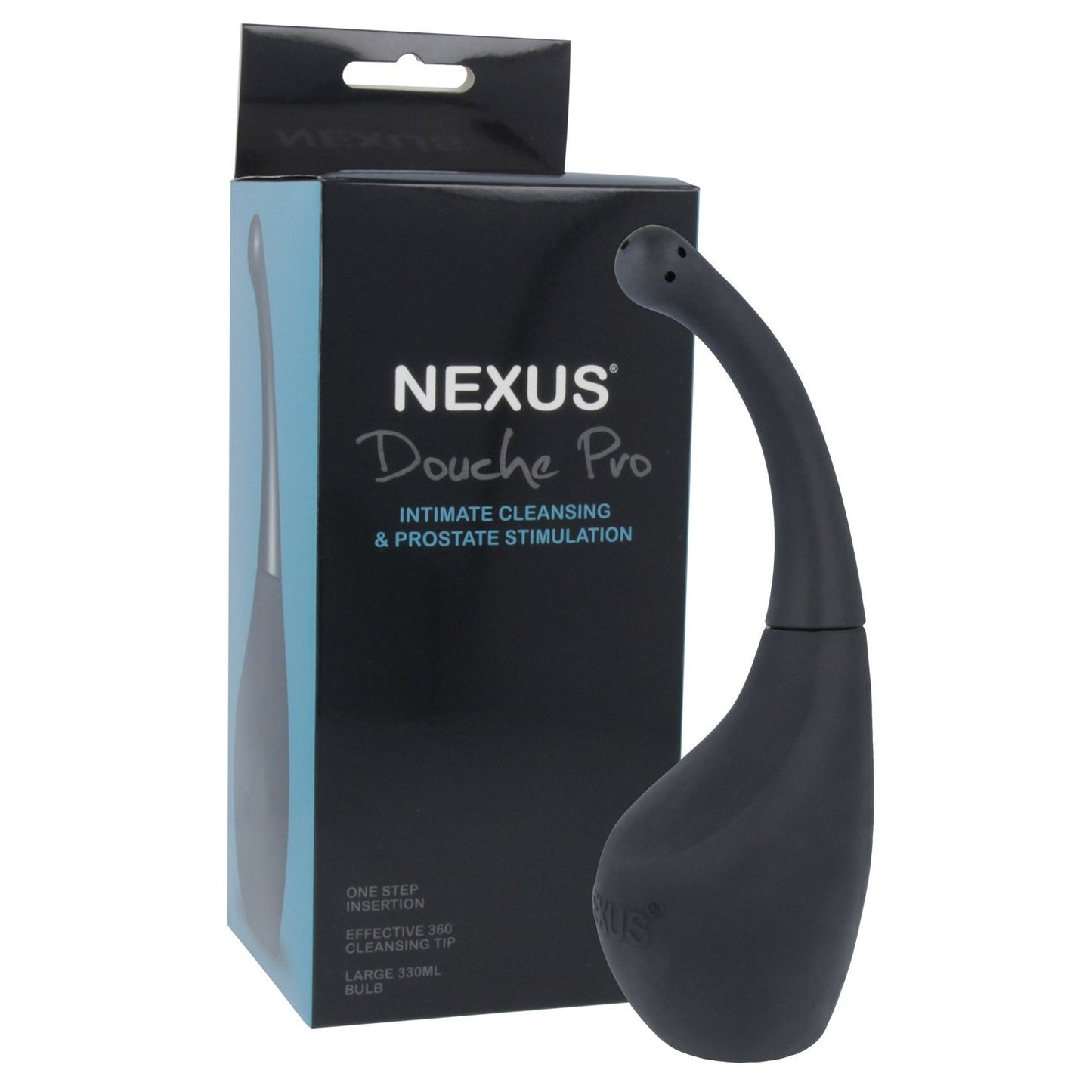 The image displays the Nexus Douche Pro by Nexus, featuring a black bulb with a curved nozzle next to its packaging. The box highlights its function in intimate cleansing and prostate stimulation with easy insertion and a 330ml capacity.