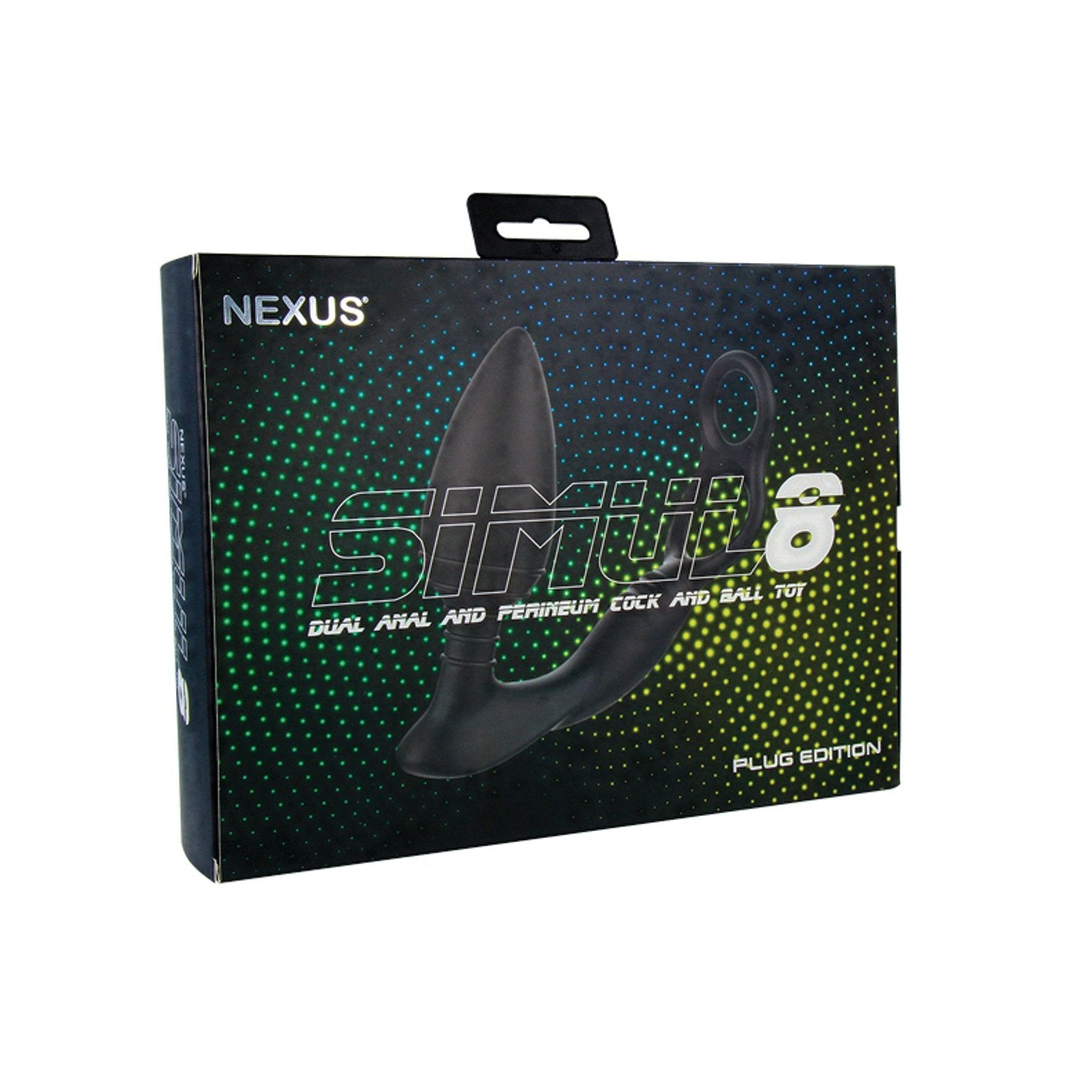 The Nexus Simul8 Plug has sleek packaging with a black dual anal and perineum tool. The box is adorned with colorful dots and white text, reading Plug Edition, highlighting the products 48 vibration combinations.