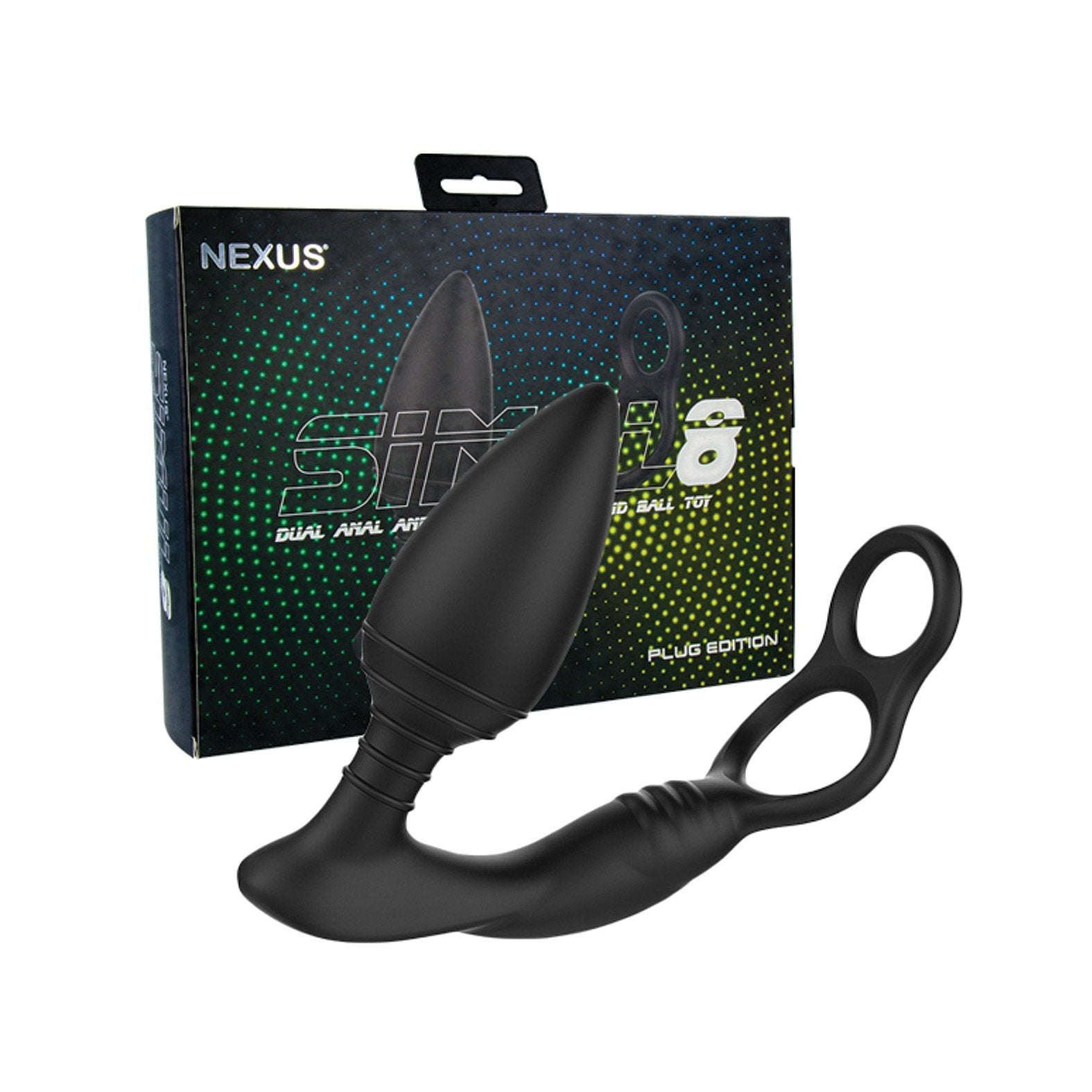 The Nexus Simul8 Plug, a black silicone anal toy from Nexus, features a curved handle and dual loops for enhanced pleasure. With 48 vibration combinations for diverse sensations, it comes in colorful packaging displaying the Nexus brand and product details.