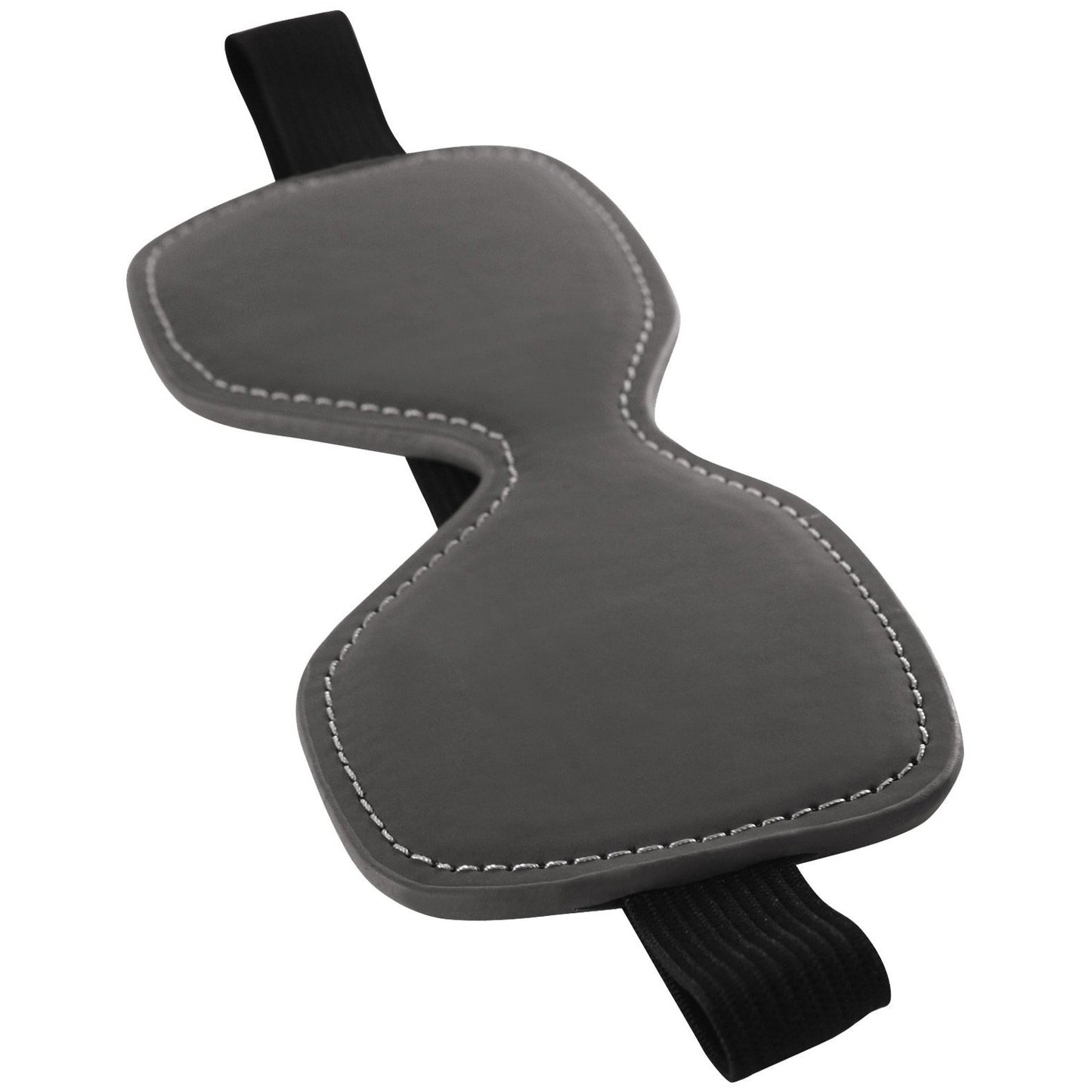 A gray NS Novelties Renegade Bondage Blindfold with white stitching and a black elastic strap is displayed against a white background, resembling a subtle fetish accessory. The contoured design offers comfort and support during your travels.