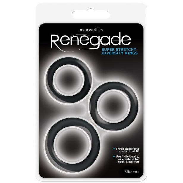 The NS Novelties Renegade Diversity Cock Rings package showcases three black silicone rings of different sizes on a dark backdrop, highlighting the products features and erection enhancement benefits for optimal performance.