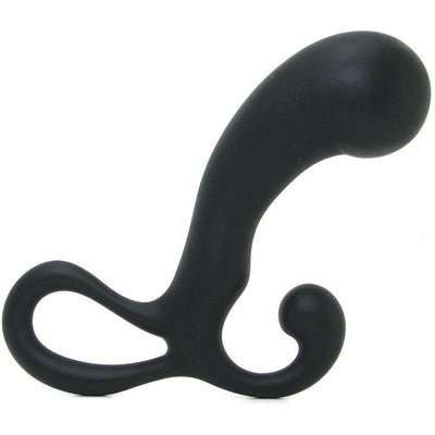 OptiMale P Massager, a black silicone prostate massager with a curved head, a small curled perineum nub and a looped pull ring at the base.