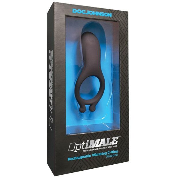 A sleek black silicone vibrating C Ring with a rechargeable battery is packaged in a stylish black and blue box labeled OptiMALE Rechargeable Vibrating C-Ring by Doc Johnson, featuring a clear front window displaying the product.