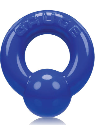 Introducing the blue Oxballs Gauge Cockring dog toy by Oxballs, featuring GUARD on top. Its cock ring-like design includes a rounded handle structure for easy gripping, promising endless fun for your furry friend.