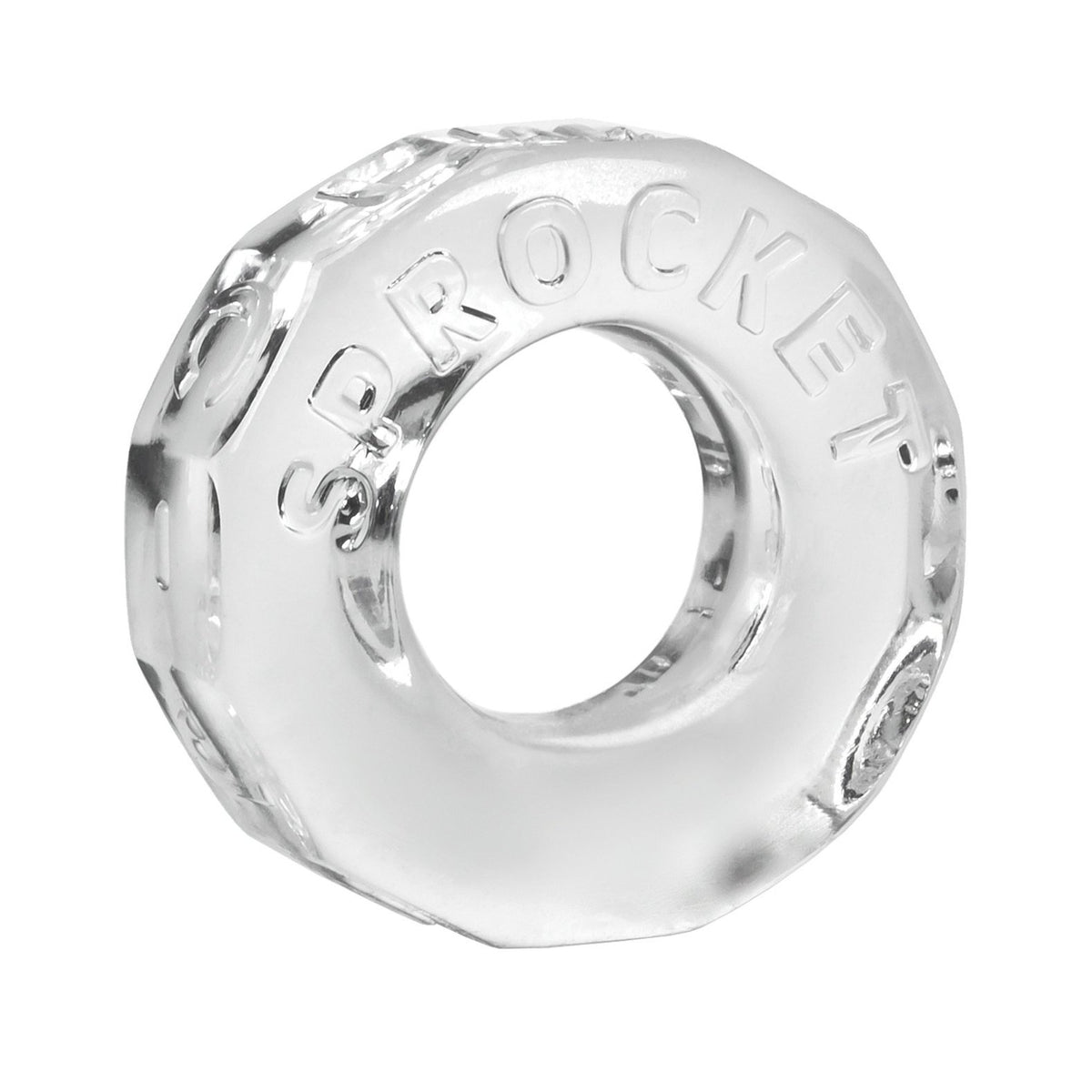Oxballs Sprocket stretchy cock ring in clear TPR, a thick faceted hex-nut shape with SPROCKET embossed around the face