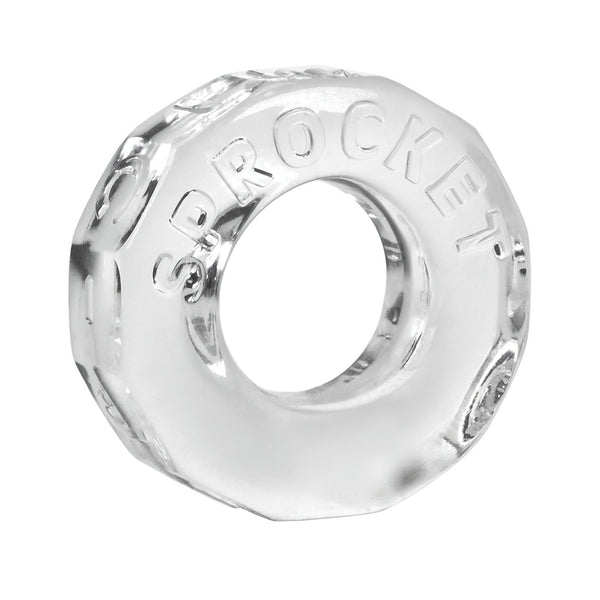 Oxballs Sprocket stretchy cock ring in clear TPR, a thick faceted hex-nut shape with SPROCKET embossed around the face