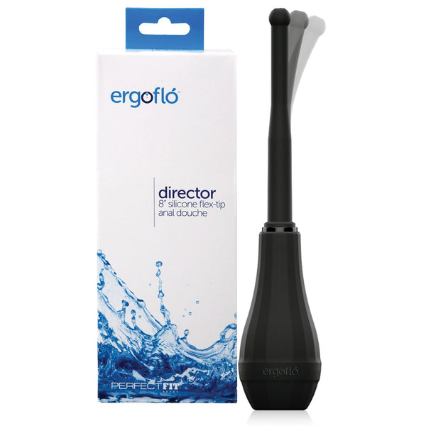 The Perfect Fit Ergoflo Director Enema, made from medical-grade silicone, is elegantly showcased next to its white box. The packaging features blue water splash graphics and bold blue product details, emphasizing its innovative air-valve technology for an enhanced experience.