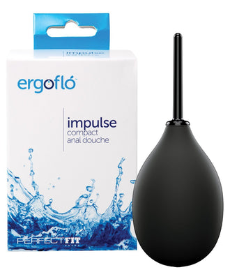The image shows the Perfect Fit Ergoflo Impulse Anal Douche, a black bulb-shaped device with a long nozzle next to its packaging. The box features Perfect Fit and Impulse Compact Anal Douche text, along with water splash graphics on a white background, highlighting its compact design.