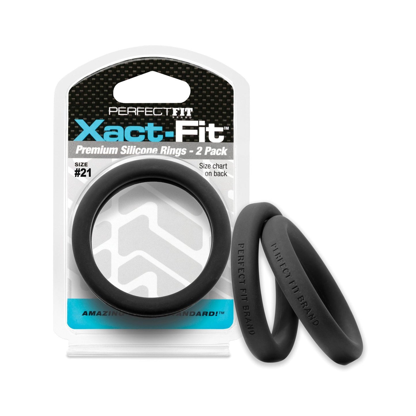 The Perfect Fit Xact Fit #21 package beautifully showcases two black rings, each embossed with Perfect Fit, emphasizing their premium silicone quality while effectively highlighting product details and branding for this unique c-ring option.