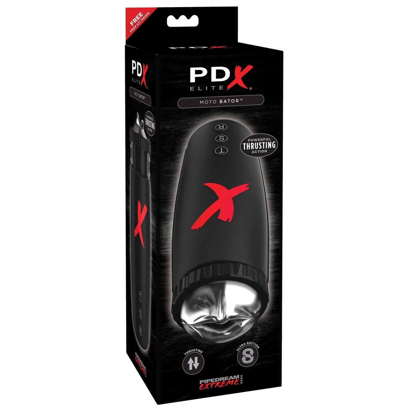 The Pipedream Extreme Elite Moto Bator by Adams Toy Box is packaged in a sleek black design with bold red accents. This hands-free masturbator offers powered thrusting motion and a ribbed interior for enhanced pleasure.