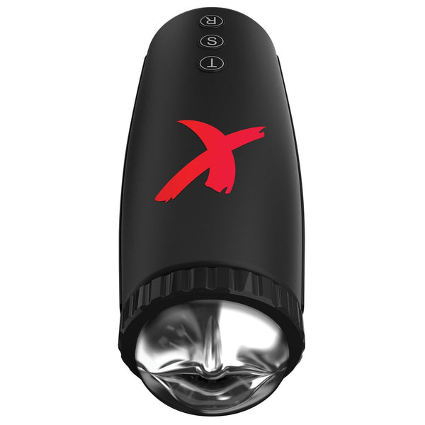 The Adams Toy Box Pipedream Extreme Elite Moto Bator, in black and silver, has three buttons labeled R, S, T on top and a red X design on the side. It offers a ribbed interior with a metallic, grooved opening for hands-free use.