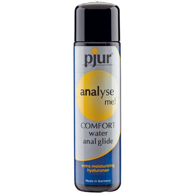 Pjur Analyse Me Comfort water anal glide, 100 ml black-capped bottle with a blue and yellow label reading extra moisturizing hyaluronan