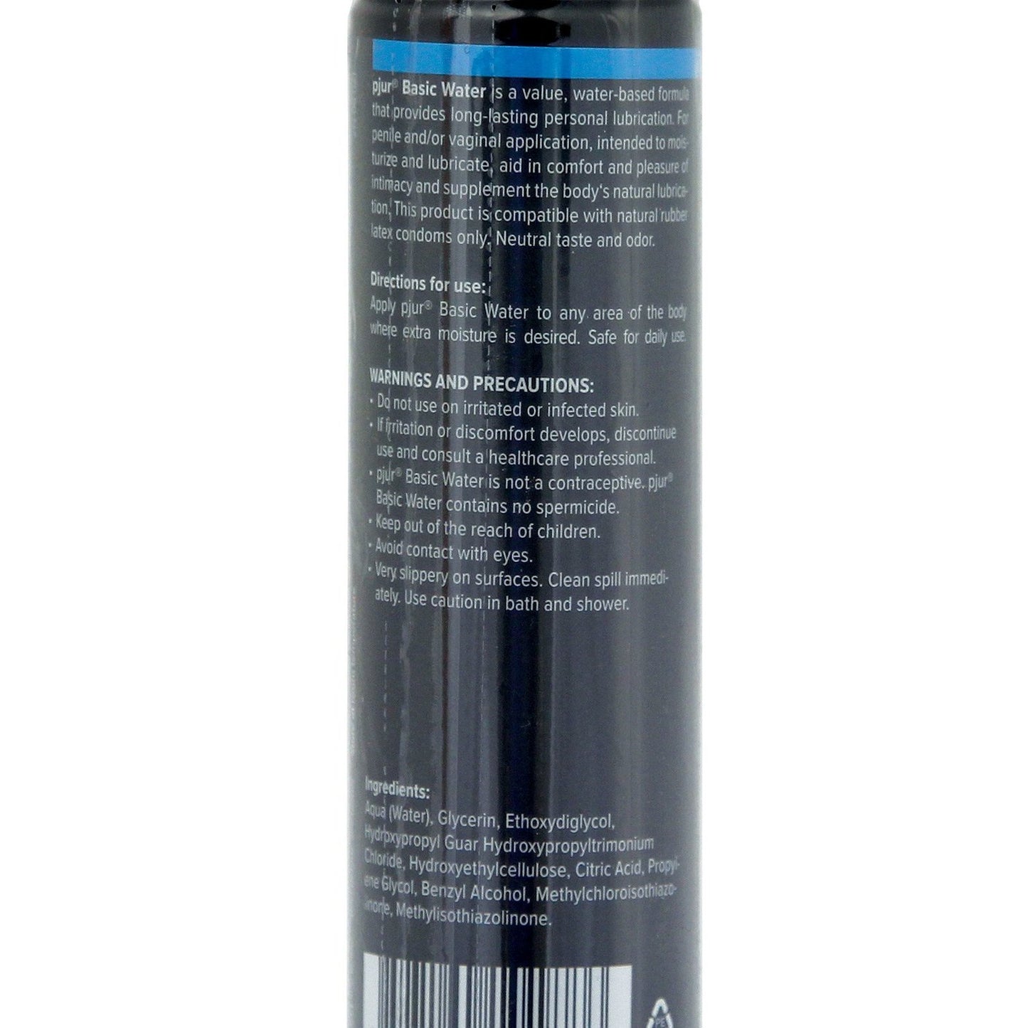 The Pjur Basic Water Based Lubricant features a close-up label on its dark cylindrical bottle, displaying directions, warnings, and non-allergenic medical-grade ingredients in white text.