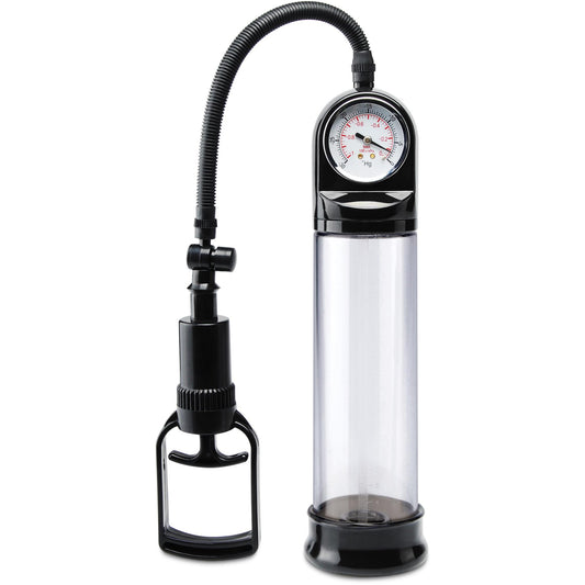 The Pipedream Pump Worx Accu-Meter Power Pump is a black vacuum pump with a clear cylindrical chamber, flexible tube, and top-mounted pressure gauge. It includes a hand pump with grip handle for efficient use.