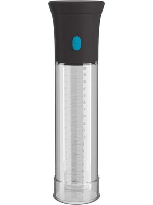 The Adams Toy Box Pump Worx Deluxe Auto Vac Penis Pump features a clear cylindrical container with black top and bottom sections, measurement markings in milliliters and ounces, and a deluxe design with a small blue button, integrating seamlessly for precision use.
