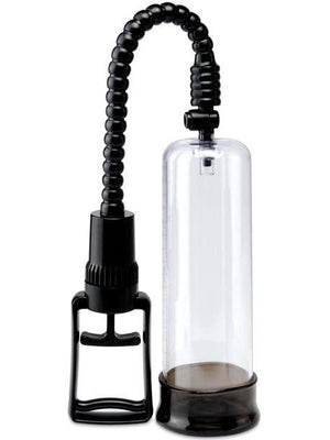 The Pump Worx Max Width Penis Enlarger by Adams Toy Box is a transparent cylindrical device featuring a flexible black ribbed hose with a handheld grip and dark base. Designed to enhance suction for improved erection hardness, it serves as an effective penis enlarger.