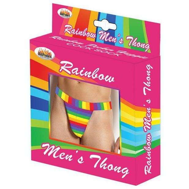Adams Toy Box presents the Rainbow Mens Thong, featuring a vibrant, horizontal rainbow stripe design. The colorful packaging highlights its comfy cotton material, perfect for those who love bold style.