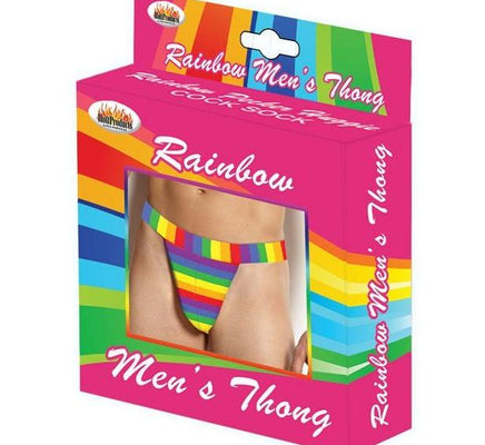 Adams Toy Box presents the Rainbow Mens Thong, featuring a vibrant, horizontal rainbow stripe design. The colorful packaging highlights its comfy cotton material, perfect for those who love bold style.