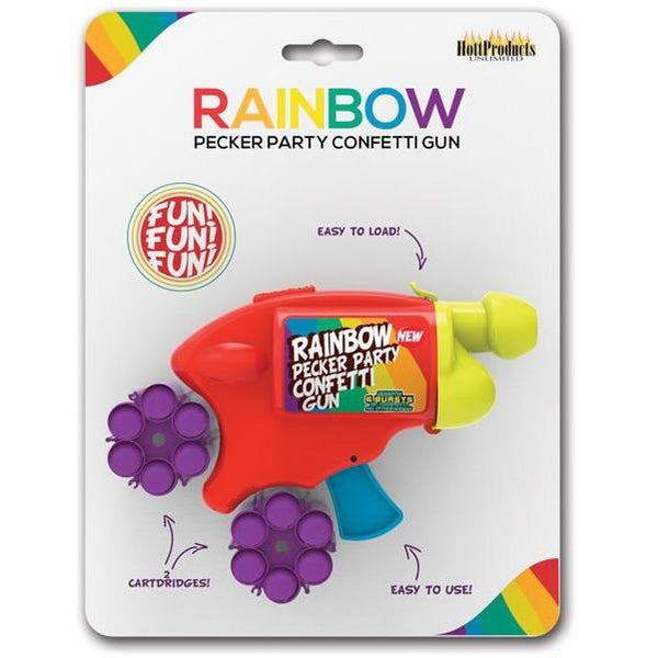 The Rainbow Pecker Party Confetti Gun by Adams Toy Box features a vibrant red body and purple cartridge holders. The packaging, with rainbow accents on a white background, highlights its easy to load feature and promises fun fun fun! Perfect for any party!.