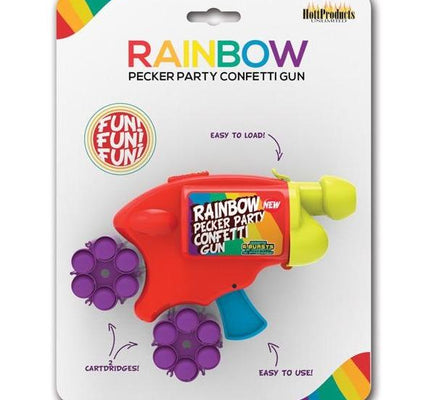 The Rainbow Pecker Party Confetti Gun by Adams Toy Box features a vibrant red body and purple cartridge holders. The packaging, with rainbow accents on a white background, highlights its easy to load feature and promises fun fun fun! Perfect for any party!.