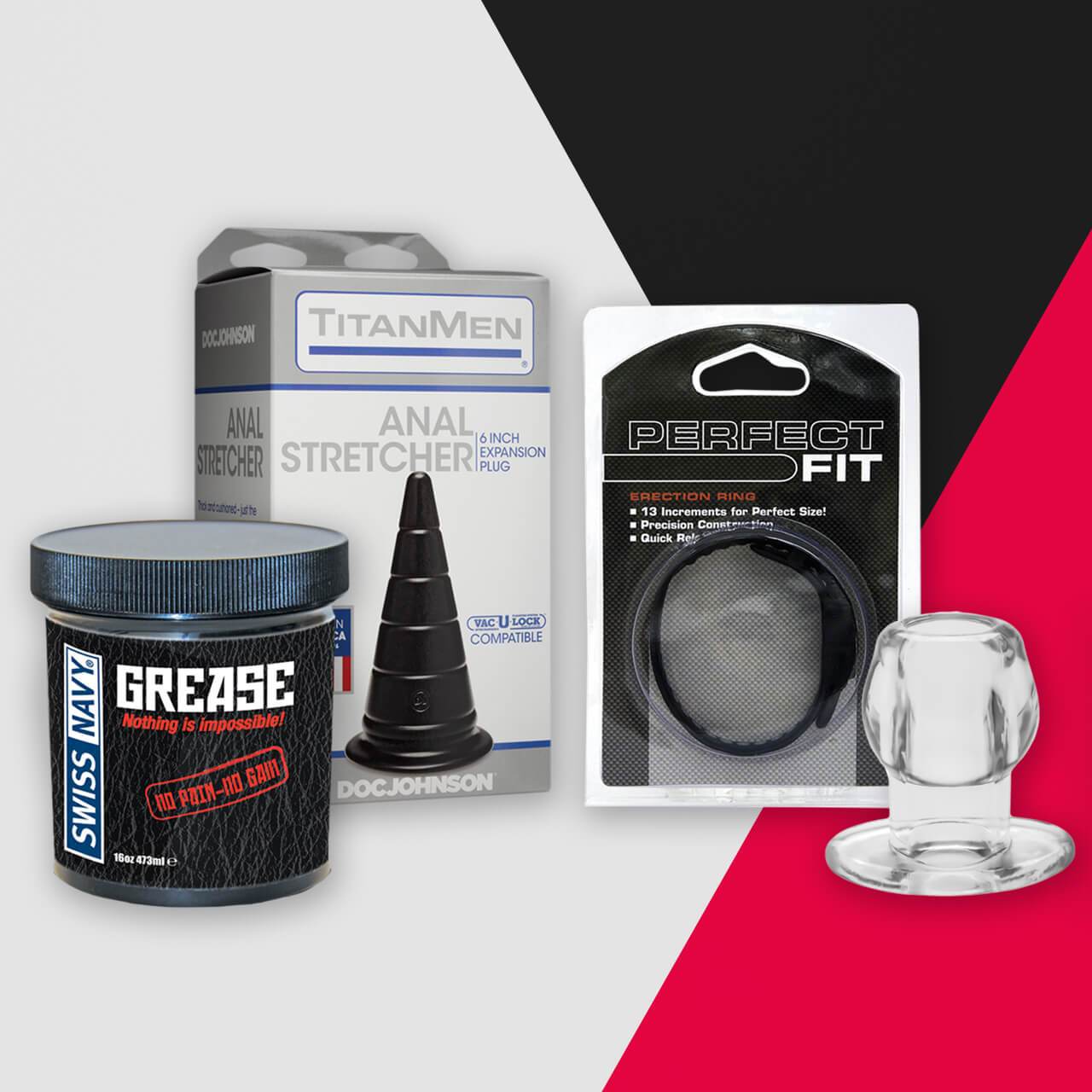 Adams Toy Box presents the Raw Puppy collection, featuring Swiss Navy grease, a Doc Johnson anal stretcher, a Perfect Fit product, and a clear suction-based item. Set against a bold black, white, and red backdrop, its playtime redefined for adults.