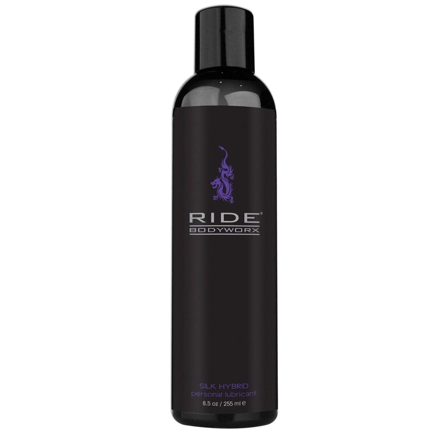 An 8.5 oz (255 ml) black bottle of Ride BodyWorx Silk Hybrid Lubricant by Adams Toy Box, featuring a purple logo and text, offers long-lasting, body-safe, silky smooth lubrication for ultimate comfort and pleasure.
