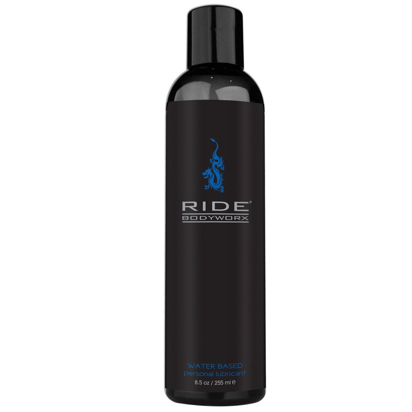 A black Ride Rocco bottle featuring a blue logo and “RIDE BODYWORX” text contains 8.5 oz (255 ml) of water-based gel lubricant enriched with seaweed extracts for enhanced glide.