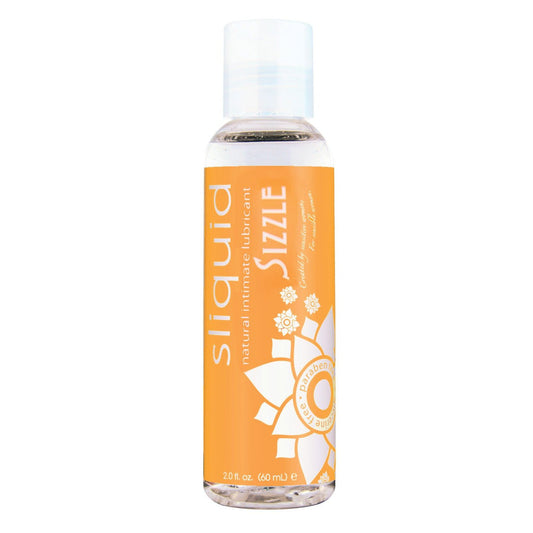 A 2 oz bottle of Sliquid Naturals Sizzle Lubricant features a clear design with an orange label, displaying white text and a flower motif. It highlights its water-based, vegan-friendly formula alongside product details and branding.