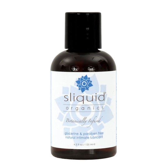 The Sliquid Organics Natural Intimate Lubricant is a vegan-friendly, water-based lube that is glycerine and paraben-free, with a 4.2 oz (125 ml) capacity. It comes with a blue floral design label.