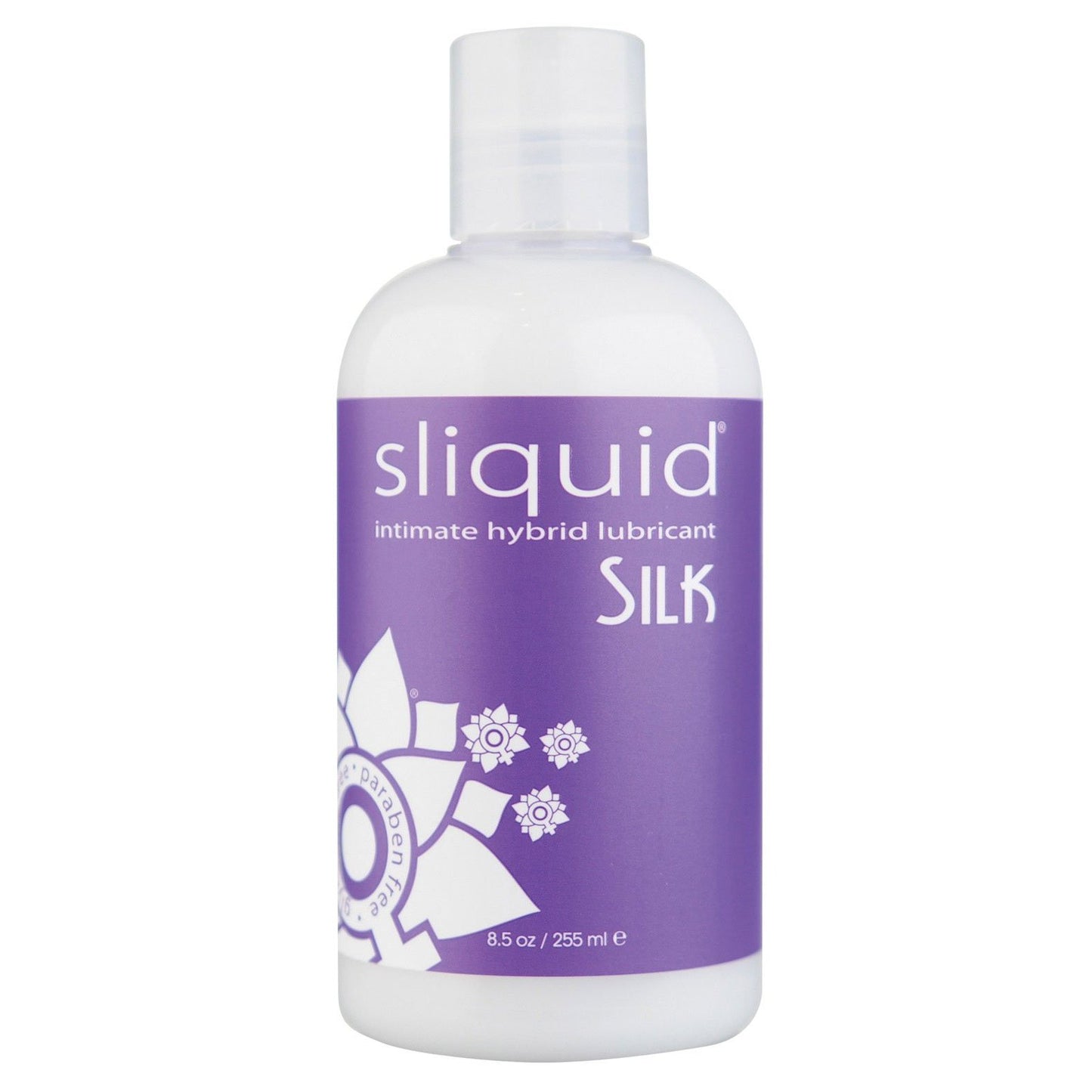 An 8.5 oz Sliquid Silk Hybrid Lube from Adams Toy Box, featuring glycerine and paraben-free formula in a purple bottle with floral graphics, delivering a smooth experience through its blend of long-lasting silicone and water-based lubricant.