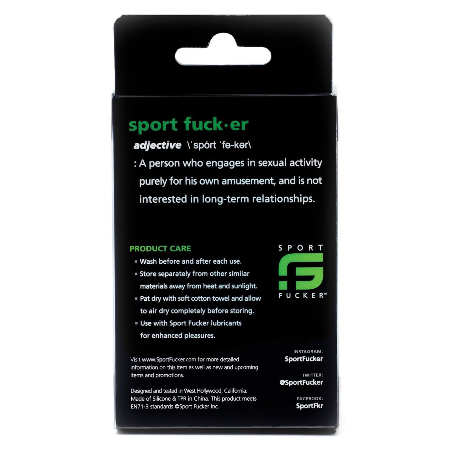 The Sport Fucker Half Pipe packaging features a humorous definition and care instructions, making it ideal for those exploring its stretchy TPR material. With sleek black packaging, the white and green text emphasizes this bulge enhancers potential. Follow us on social media!.