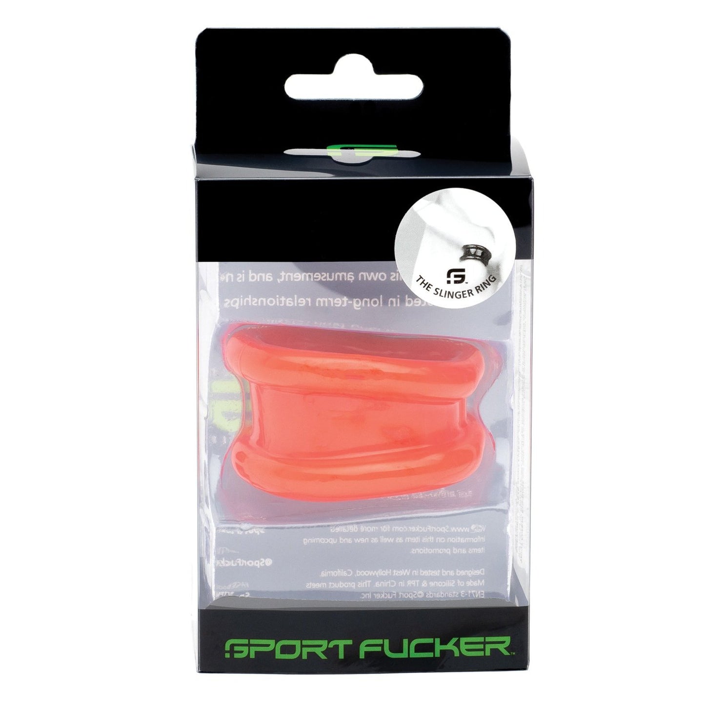The Sport Fucker Slinger Ring is packaged in a clear plastic box with sleek black and green branding at the base. A small product logo sticker in the top right corner subtly hints at its dual purpose as a ball stretcher or cock ring, showcasing bold innovation.