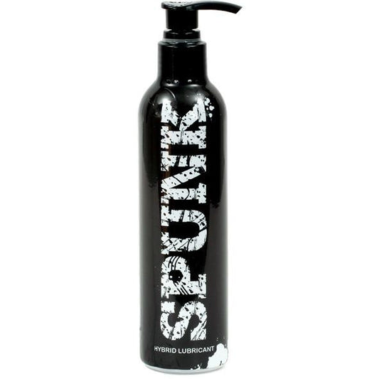 A black bottle of Spunk Hybrid Lube features a pump dispenser and bold white text. This water-based lubricant from Spunk Lube is condom-friendly, ensuring a smooth experience without compromise.
.