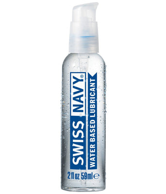 A 2 fl oz (59 ml) Swiss Navy Water Based Lube bottle features a pump dispenser for easy use. The transparent plastic bottle, labeled in blue and white with the brand name, is travel-friendly and ideal for on-the-go natural lubrication supplementation.