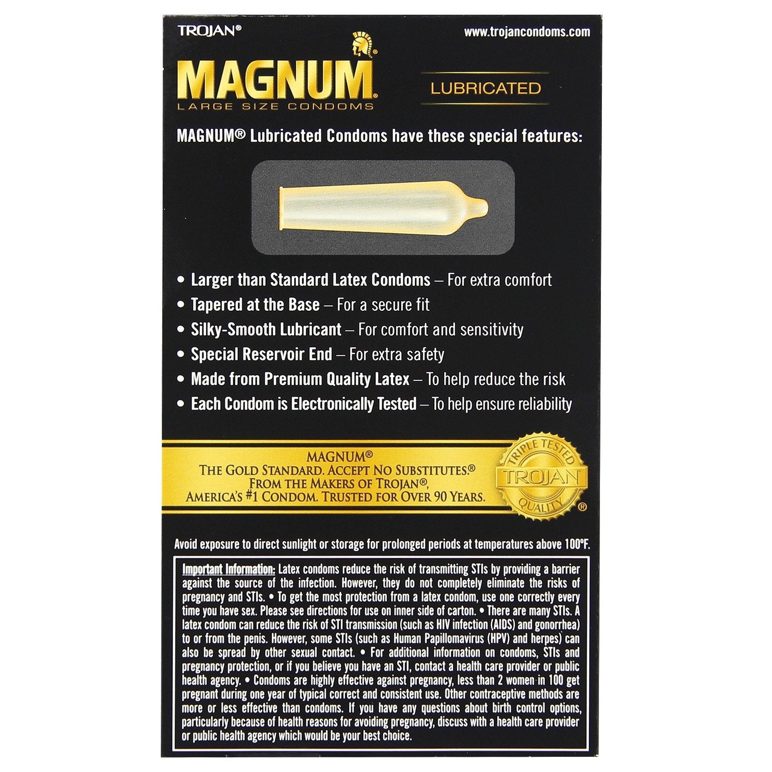 The image displays a Trojan Magnum Condoms box featuring their larger size, tapered base, silky-smooth lubricant, special reservoir end, and premium latex. It includes the MAGNUM logo and guarantees reliable protection.