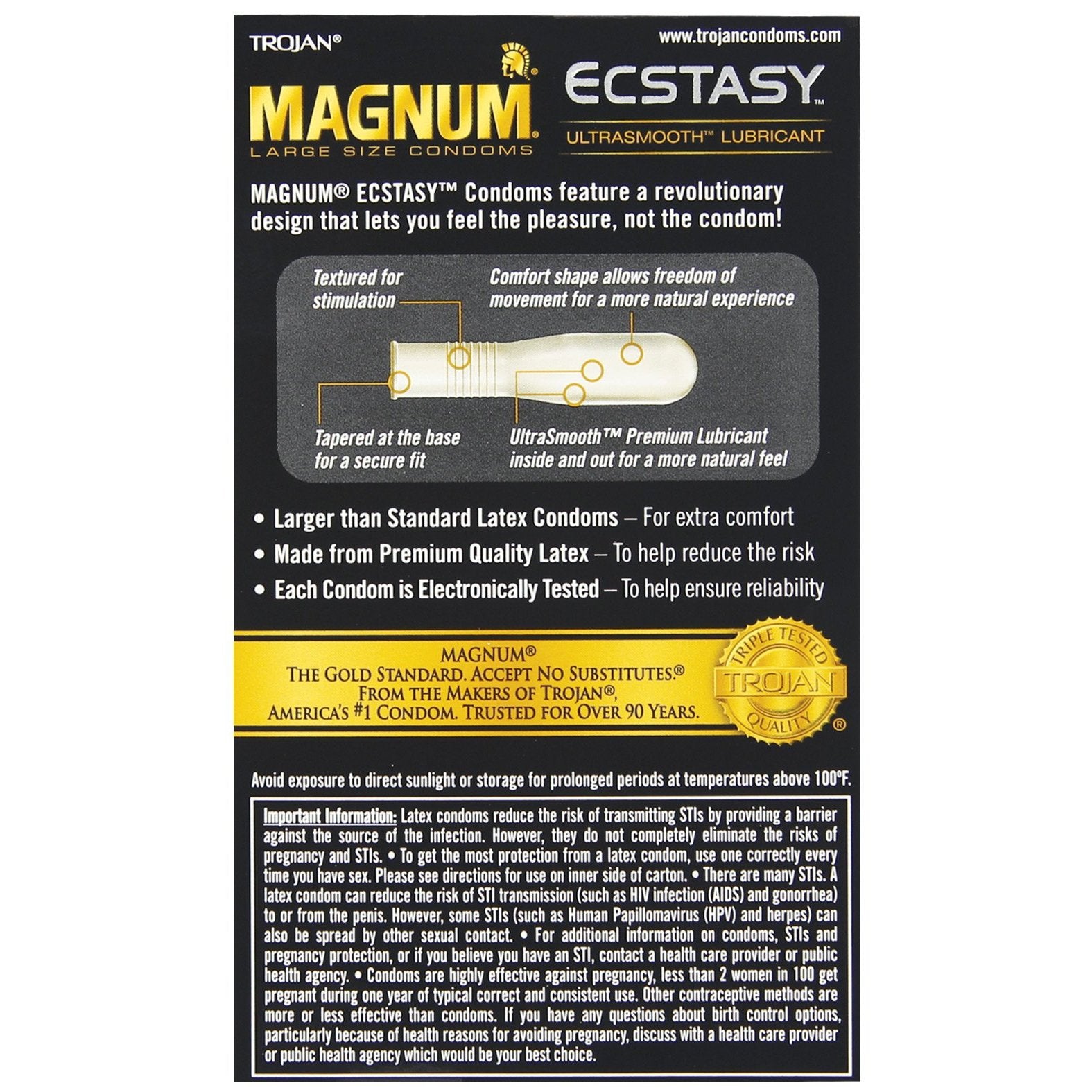 The image features a box of Trojan Magnum Ecstasy Condoms by Paradise Marketing, highlighting textured design for enhanced stimulation, large size for comfort, premium natural latex, UltraSmooth lubricant, and claims of reducing the risk of pregnancy and STIs.