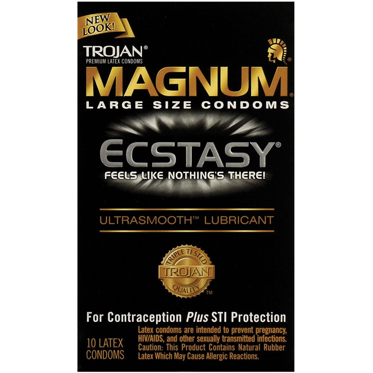 Image of a Paradise Marketing Trojan Magnum Ecstasy Condoms box. The package emphasizes Feels Like Nothings There! and Ultrasmooth Lubricant, notes triple-tested quality, STI protection, and includes 10 natural latex condoms.