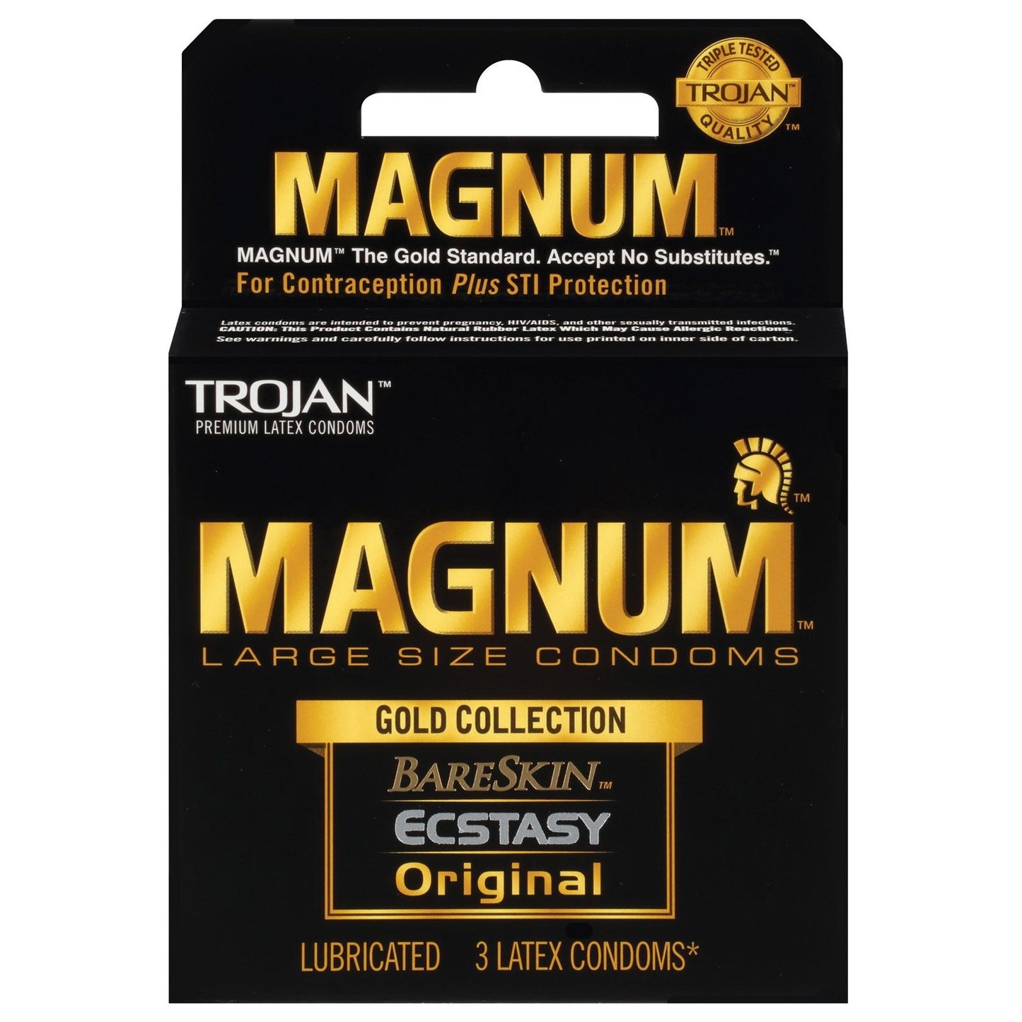 A sleek black box labeled Trojan Magnum Gold Collection - Box Of 3 by Paradise Marketing features gold text highlighting Magnum and Gold Collection. It includes three lubricated natural latex condoms, catering to contraception and STI protection for plus-size needs.