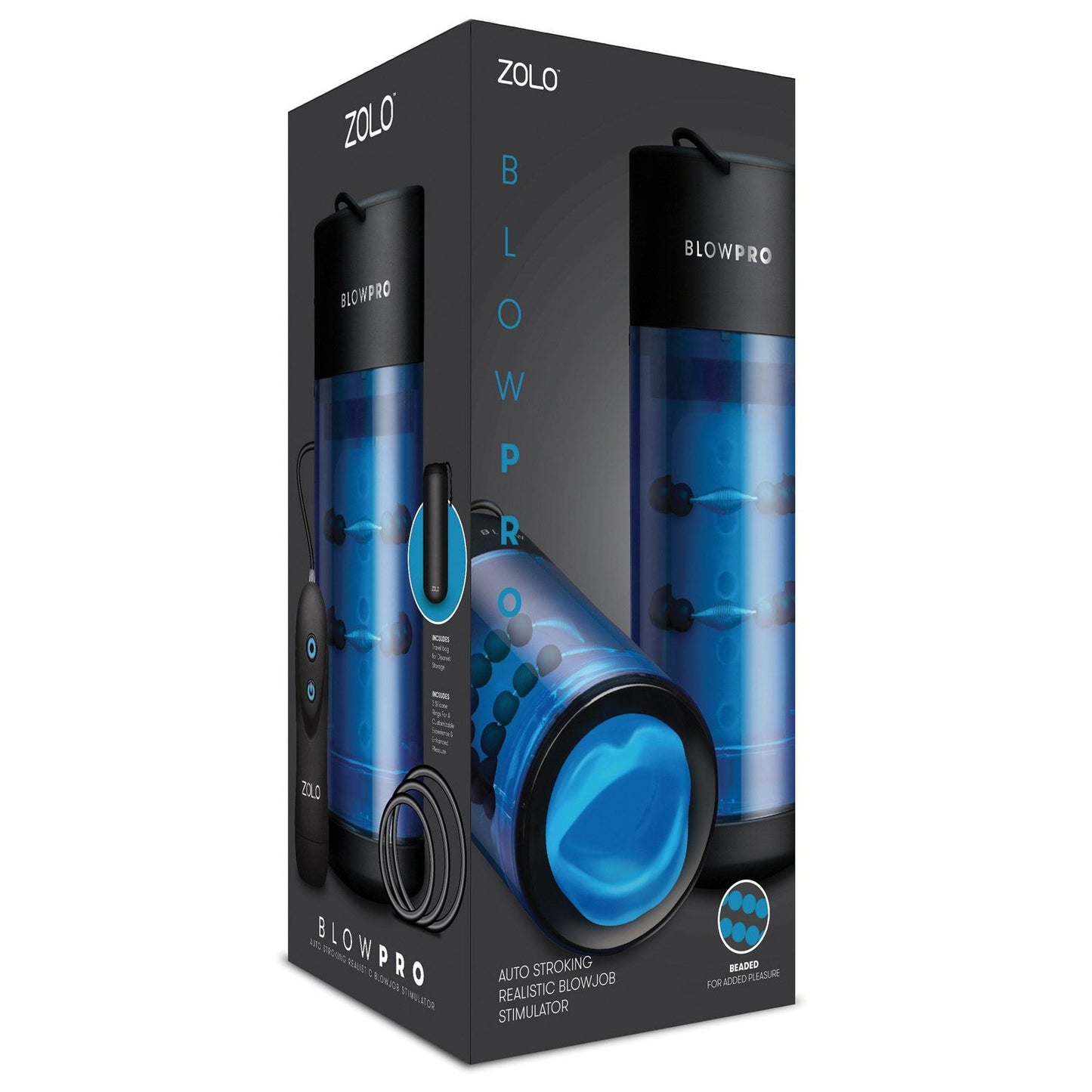 The ZOLO Blow Pro packaging features a sleek black and blue design, emphasizing product images and the Zolo brand. It promises a realistic experience with its innovative auto-stroker and premium silicone sleeve.
