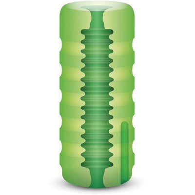ZOLO Original Squeezable Vibrating Stroker cutaway illustration: a green sleeve showing a ribbed inner canal and a bullet pocket in the side wall.