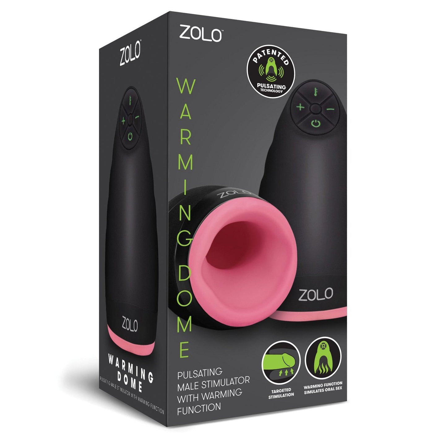 A product image of the Zolo Pulsating Warming Dome Male Stimulator, a deluxe device that combines warming and pulsating features. Ergonomically designed in black with a pink interior, its packaging highlights these functions using icons and text.