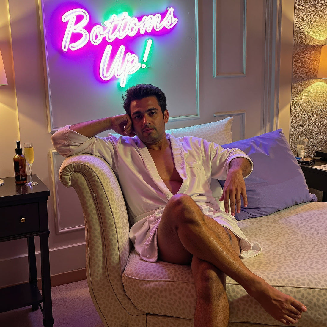 a confident man relaxing on a plush chaise lounge in a well-decorated bedroom.