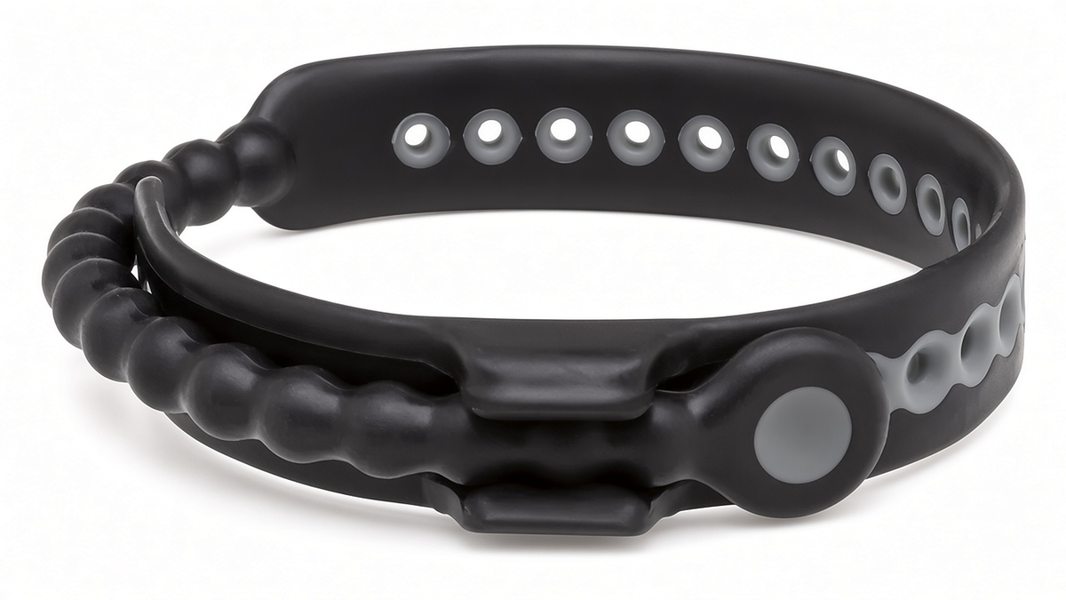 Perfect Fit Speed Shift adjustable cock ring: grey band with snap holes and a beaded pull cord