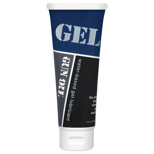 The navy and black upright tube, labeled Gun Oil Toy Lube, features crisp white text detailing its premium qualities. This water-based gel lubricant from Gun Oil is perfect for toy play.