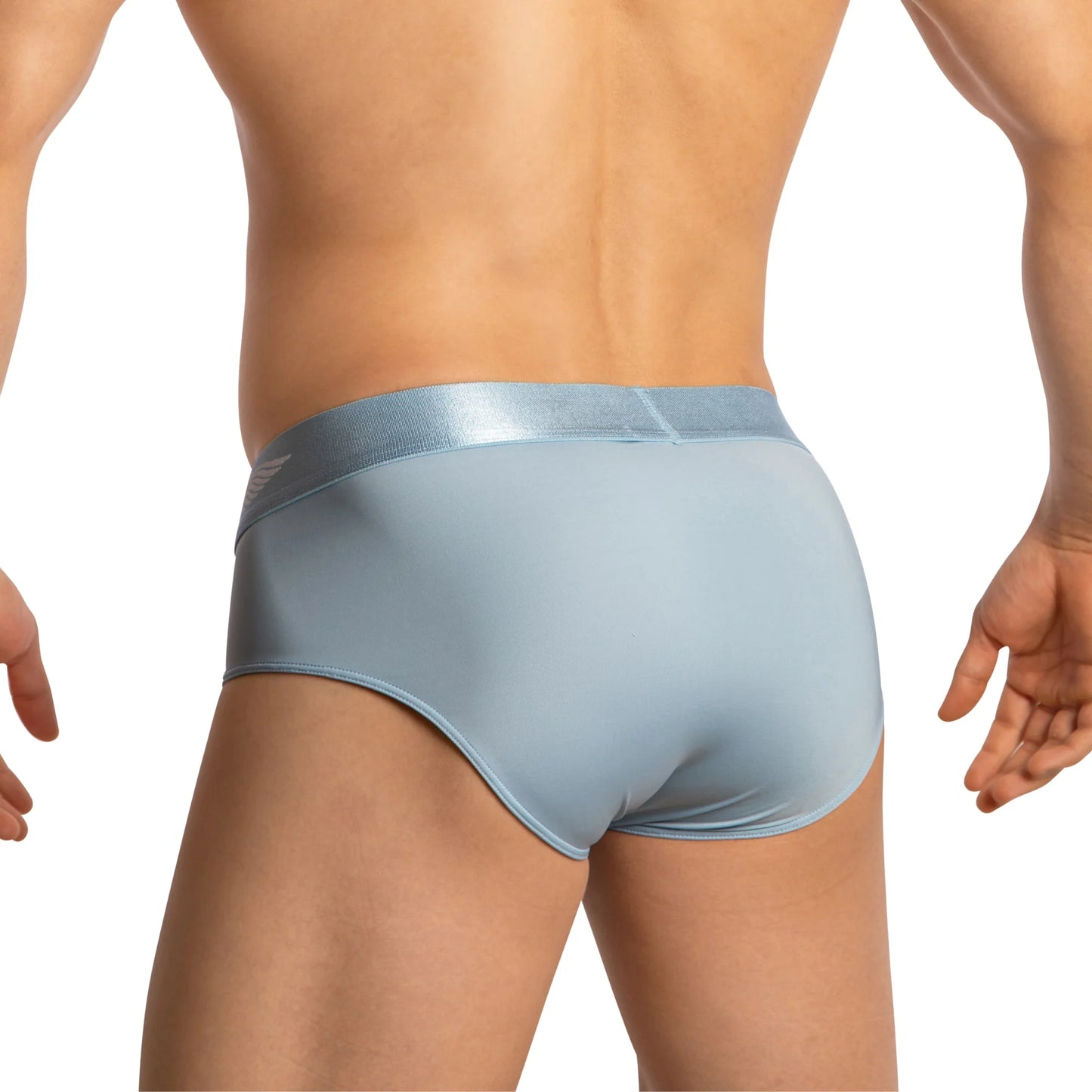 A person stands with their back to the camera, highlighting Agacios Sheer Boxer Briefs with Pouch in light blue, featuring a shiny waistband and contoured design against a plain white background.