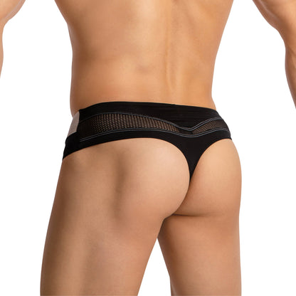 A person is shown from behind wearing Agacio Thongs for Guys Sports Underwear. These black mesh briefs by Agacio feature sheer panels, emphasizing a sleek sporty design with focus on cut and fit, all set against a plain white background.