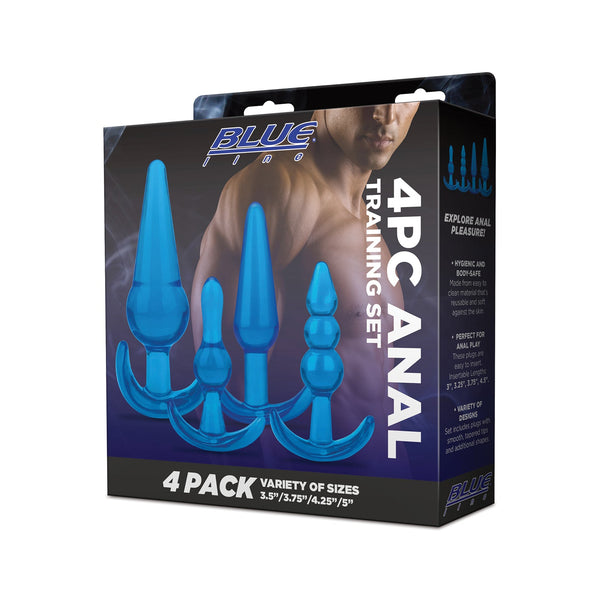 The Blue Line C & B 4 pc Anal Training Set, ideal for beginners, features four blue silicone plugs of different sizes. The packaging front emphasizes the body-safe material and size details against a dark backdrop.