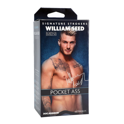 Doc Johnsons Signature Strokers ULTRASKYN Pocket Ass - William Seed package features a shirtless tattooed model on a blue background, promising an unmatched lifelike ULTRASKYN experience.