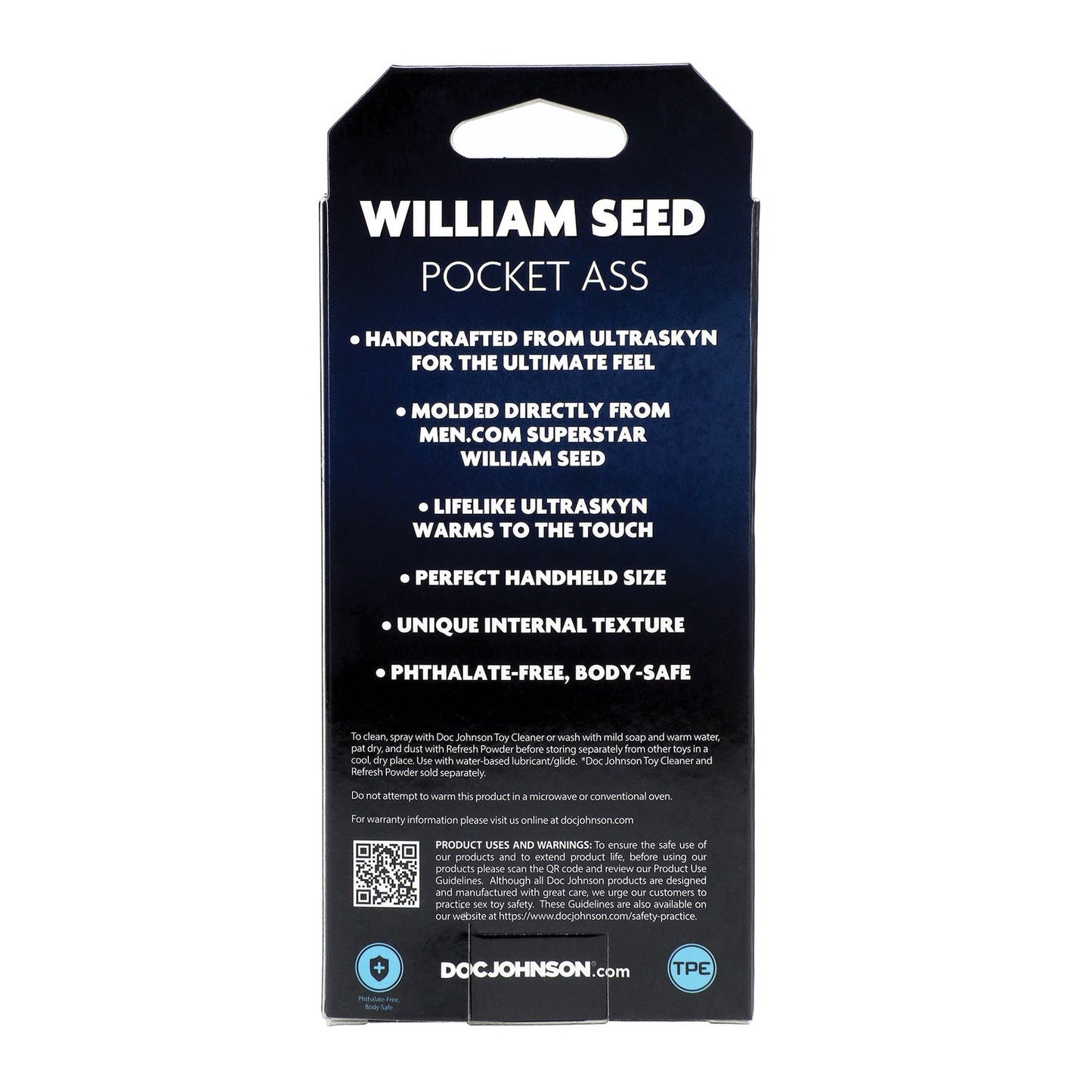 The Signature Strokers ULTRASKYN Pocket Ass - William Seed by Doc Johnson delivers a lifelike ULTRASKYN experience in a compact size. Made from body-safe materials, it guarantees safety and satisfaction. Find product details and a QR code for more info on the bottom.