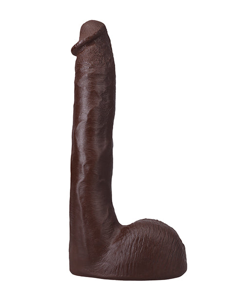 Signature Cocks Pressure 10 inch realistic dildo in brown ULTRASKYN, side view showing the curve, veins and balls